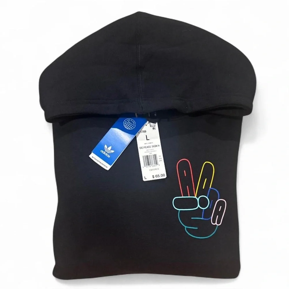 adidas Peace Sign Black Hoodie Sweatshirt Size Men’s Large (NWT)